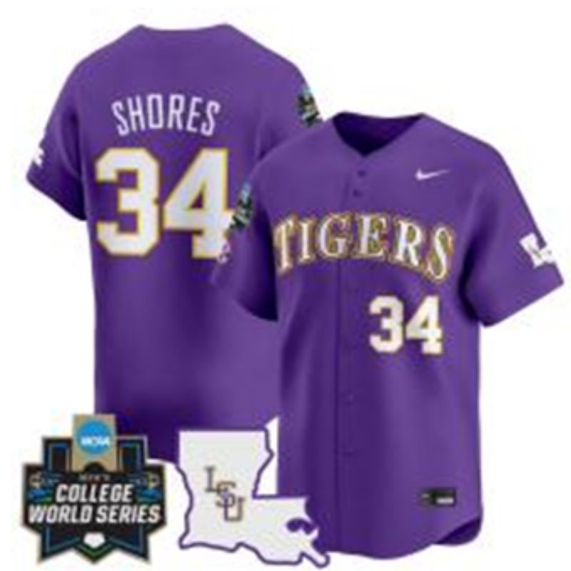 Men 2025 LSU Tigers #34 Shores Purple Joint Name Nike NCAA Jersey style 3